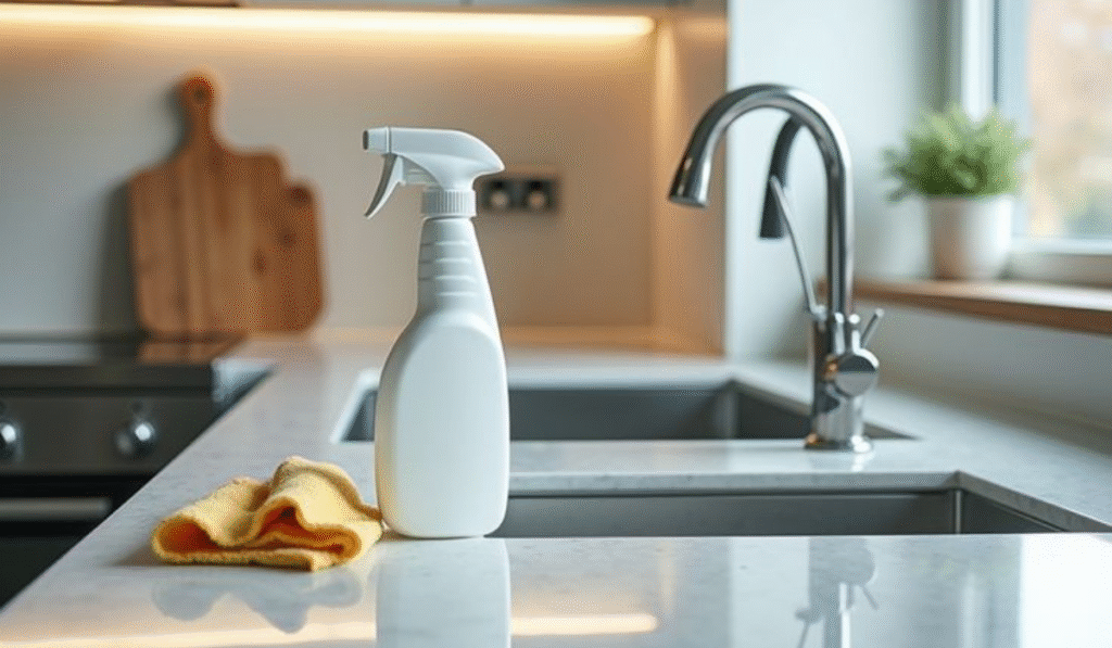 A spray bottle and a yellow cleaning cloth are placed on a kitchen countertop, with a modern faucet and a plant in the background, indicating a clean, eco-friendly space.