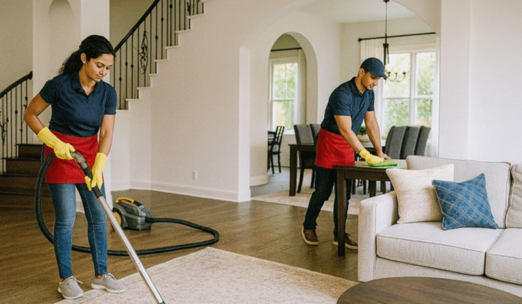 Two professional cleaners, a man and a woman, are working together in a spacious living room. The woman is vacuuming the carpet, while the man is wiping down a table, both wearing yellow gloves and working efficiently.