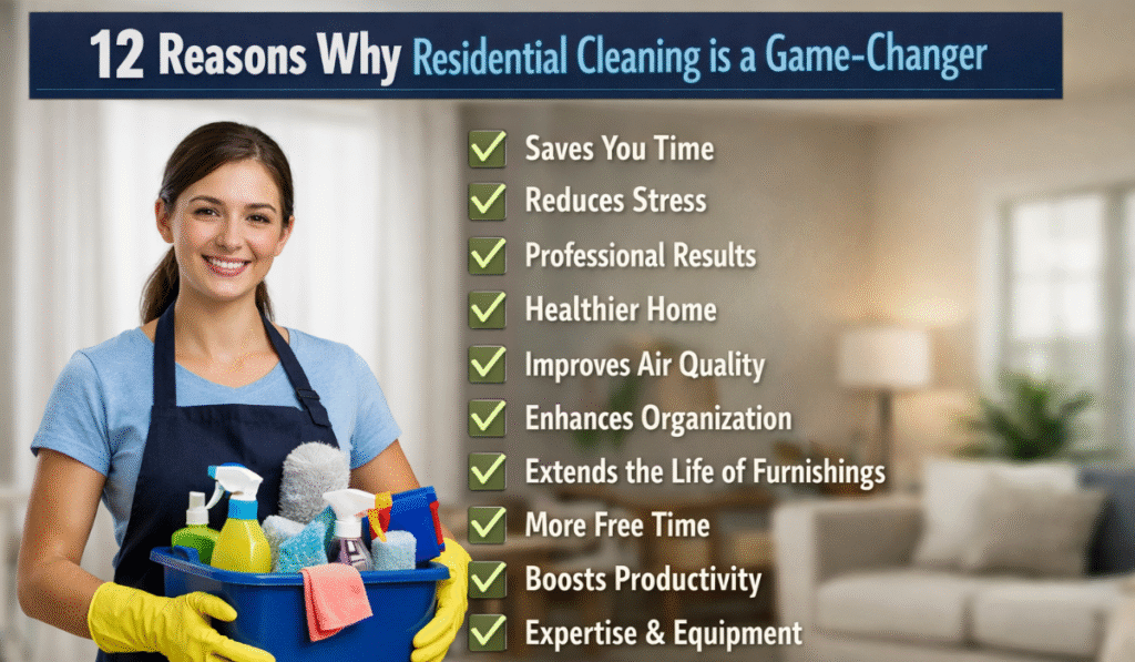 Infographic displaying "12 Reasons Why Residential Cleaning is a Game-Changer," featuring a cleaner with a caddy of supplies on the left and a list of benefits with checkmarks on the right.