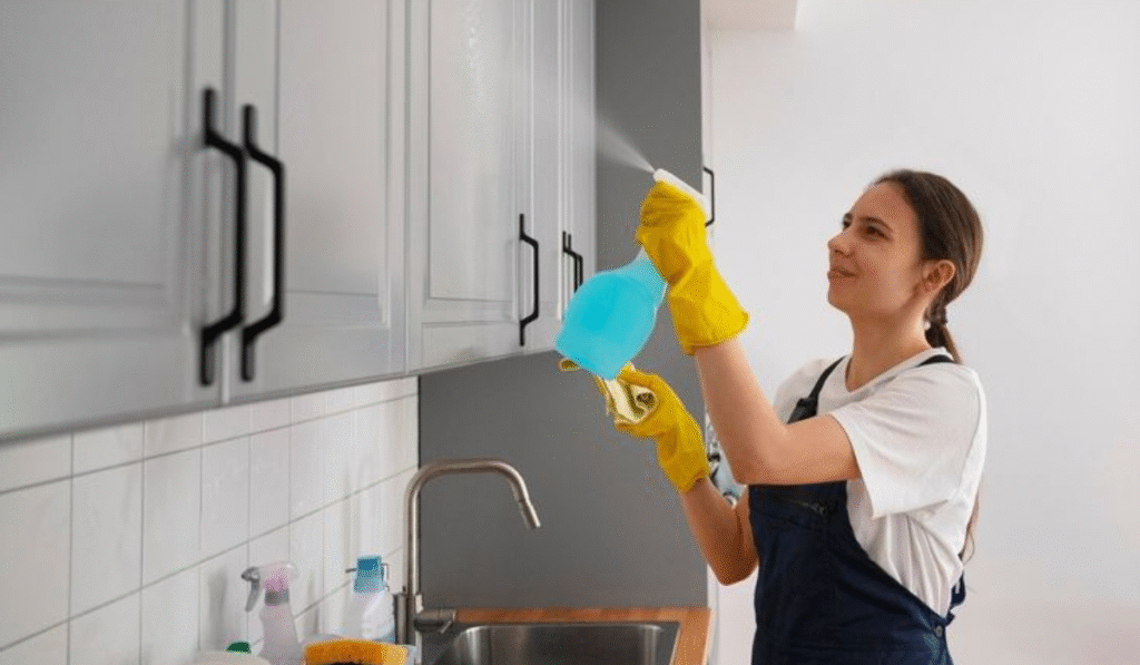 A person wearing yellow gloves is spraying cleaner onto kitchen cabinets, demonstrating the action of cleaning in a bright, tidy kitchen setting.